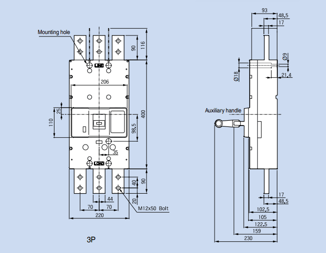 Kích thước Aptomat LS ABS1003b 1000A