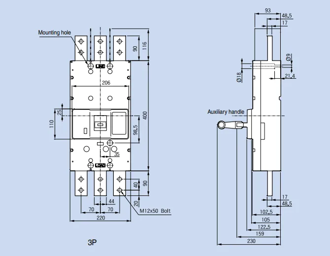 Kích thước Aptomat LS ABS1003b 1000A