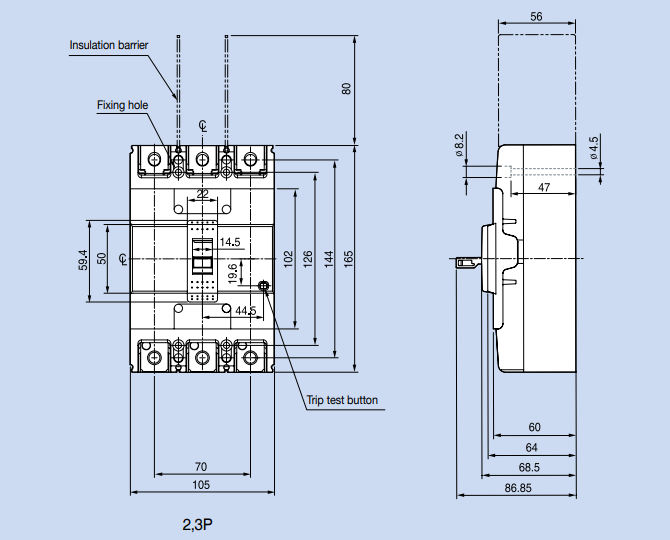 Kích thước Aptomat LS ABS203c FMU 100A