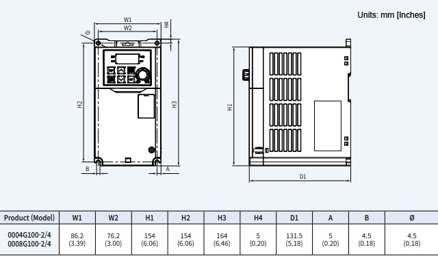 Kích thước biến tần LS G100 0.4kW 3P 380V - LSLV0004G100-4