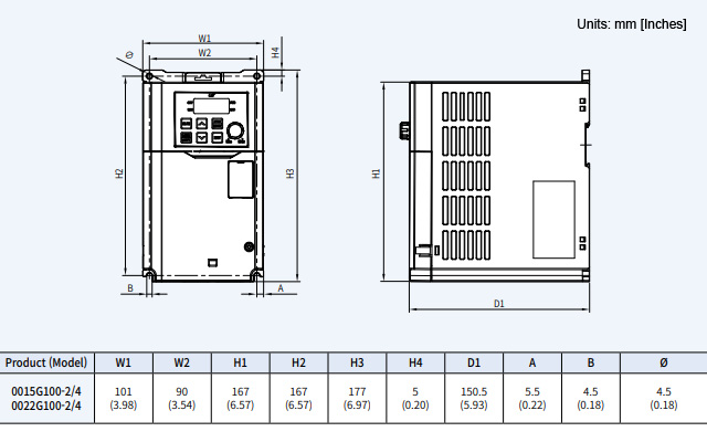 Kích thước biến tần LS G100 2.2kW 3P 380V - LSLV0022G100-4