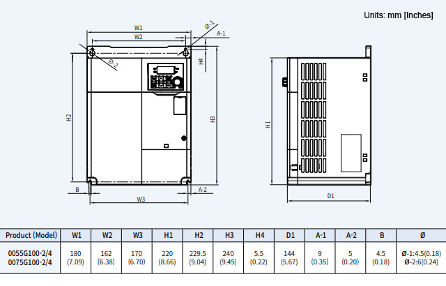 Kích thước biến tần LS G100 5.5kW 3P 380V - LSLV0055G100-4