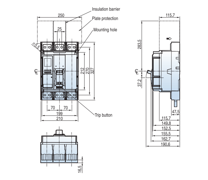 Kích thước Aptomat LS TS1250H 3P 1250A